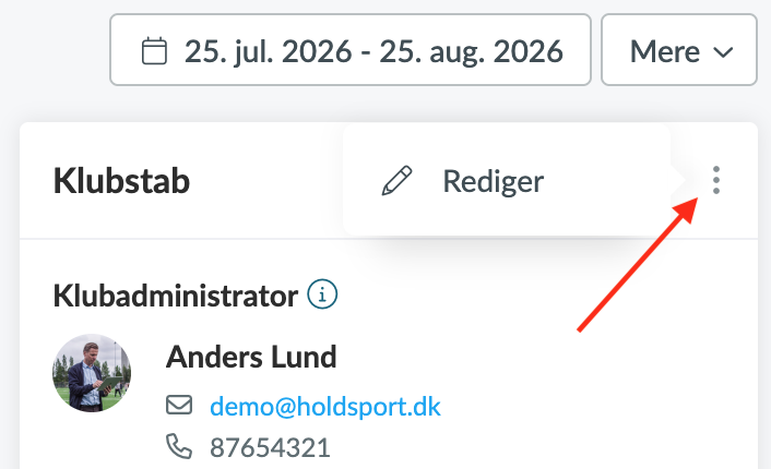 Klubstab-kortet i Kluboversigt med knappen Rediger og de tre prikker til højre